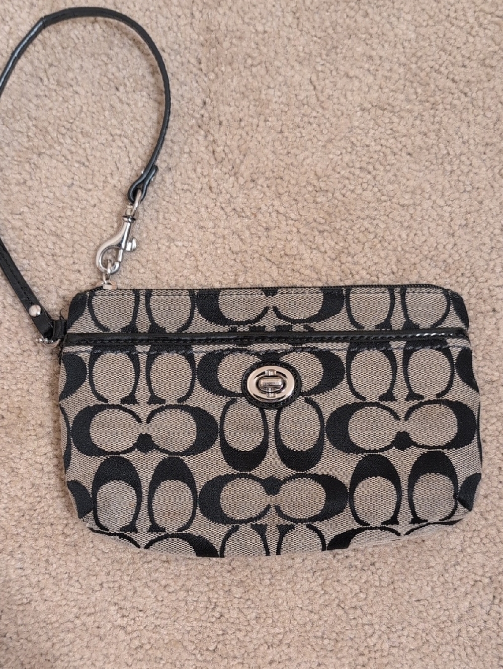 Coach Black & Tan Signature Canvas Wristlet with Turn Lock